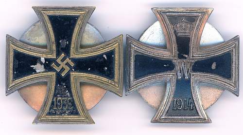 Eisernes Kreuz 1.Klasse, one piece, schinkel form screwback, Otto Schickle, plus 1914 EK1 counterpart