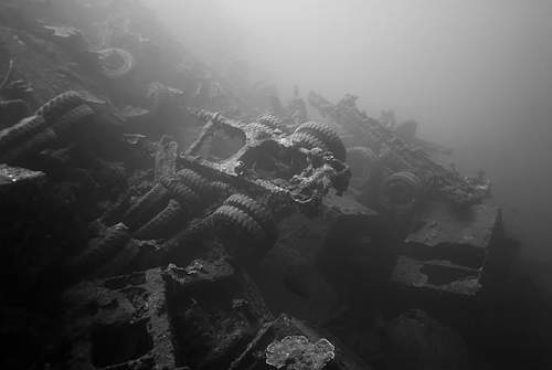 WWII relics dive. Tanks, Jeeps, Trucks.