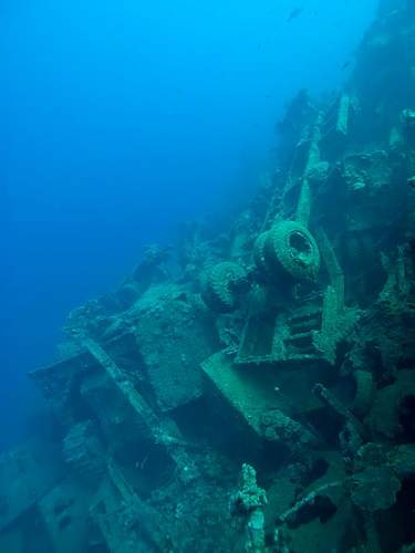 WWII relics dive. Tanks, Jeeps, Trucks.