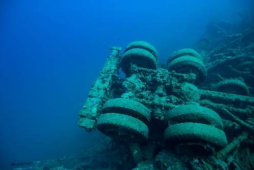 WWII relics dive. Tanks, Jeeps, Trucks.