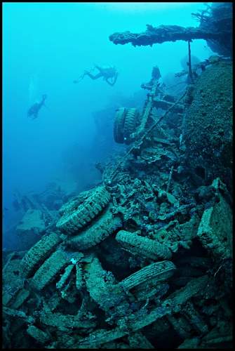 WWII relics dive. Tanks, Jeeps, Trucks.