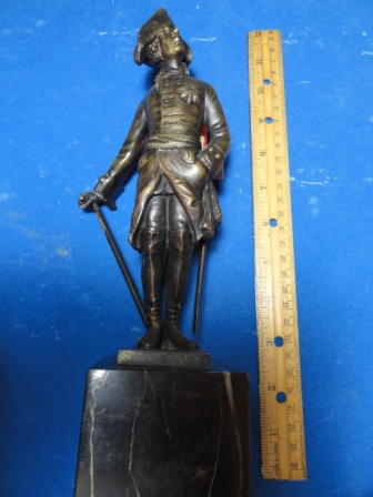 Decorated Soldier w/ Cane + Sword - bronze(?) w/ marble base - 10&quot; tall