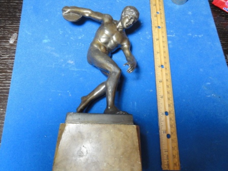 Disc Throwing Man Statue - bronze(?) w/ marble base