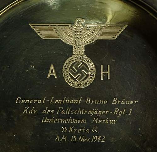 Adolf Hitler presentation plate to Bruno Bräuer