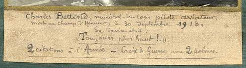 WWI KIA? French Pilot, Marichal-des-Logis Charles Bettend, Croix de Guerre w/2 Palms