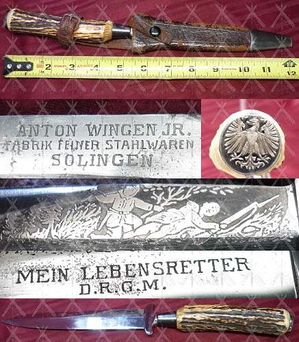 WW1 German Stag handle &quot;My lifesaver&quot; Trench knife Soldier Stab Etch