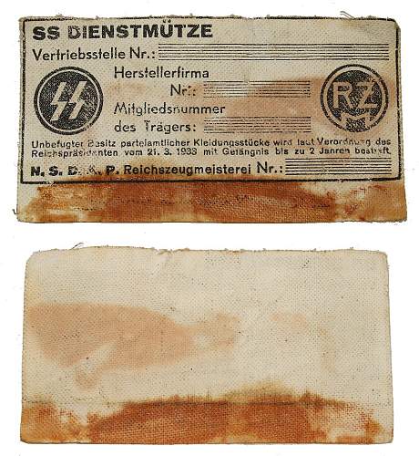 SS RZM mütze tag, unissued.