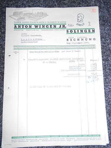 Holler &amp; Wingen jr Original invoices for swords &amp; daggers