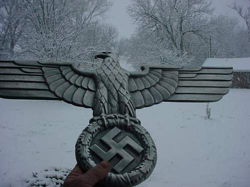 Railway eagle in snowstorm.
