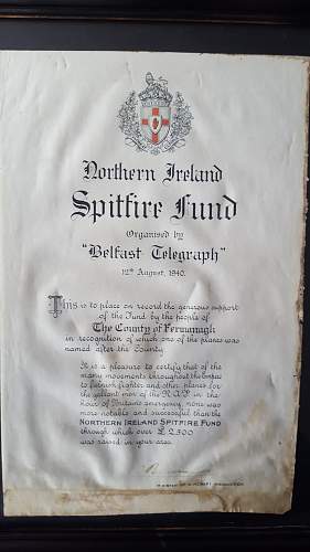 Raf spitfire fund certificate 1940