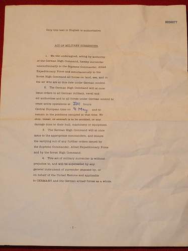 WW 2 Military surrender paper
