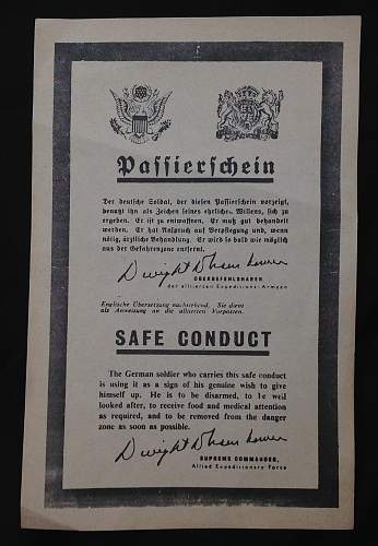 Canadian Safe Conduction Pass dropped on German Lines in Holland
