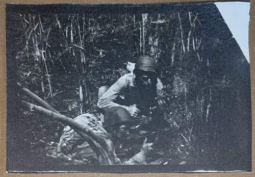 4 original WW2 Era snapshot photos of US Marines armed with M1 Carbines in the Jungle of Guadalcanal.