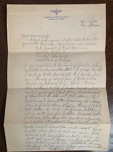 WW2 Era Letter written by Member of the Army Air Forces stationed at Amarillo Army Air Field, Texas,  November 9th 1943.