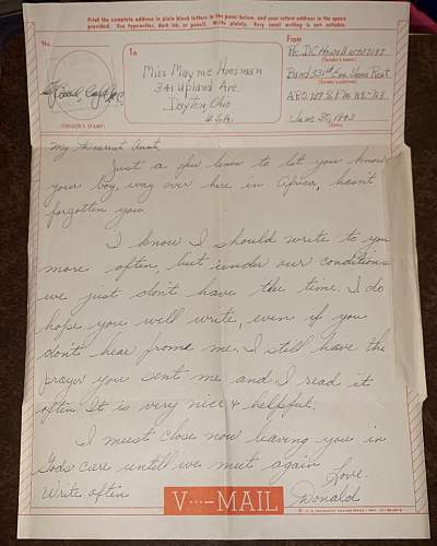 WW2 Era V-Mail Letter written by U.S. Soldier while in Africa, 1943.
