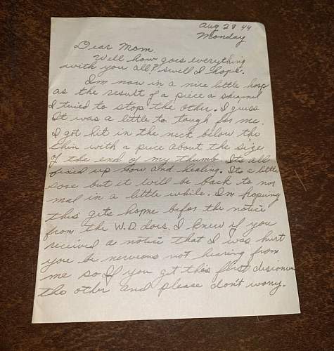 WW2 Era Letter written by Soldier informing his mom that he was injured in combat.