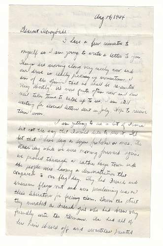 WW2 Era Letter Written by Combat Engineer in France. He writes about seeing a French girl having her hair shaved off for being friendly with the Germans, Retreating Germans, etc.