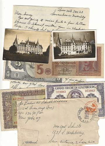 WW2 Era Letter Written by Medic in Luxembourg To His Wife Shortly Before The Battle Of The Bulge. Includes Multiple Currencies and Photos.