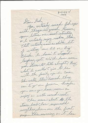 WW2 Era Letter Written by Pilot. He writes about the News of The Atomic Bomb as Well as A Few Close Calls with His Dive Bombing.