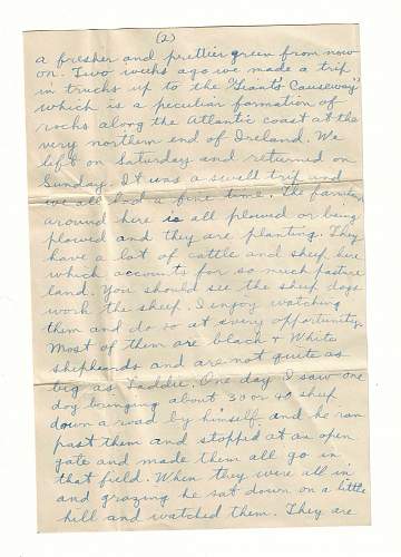 WW2 Era Letter Written by U.S. Serviceman in Ireland. He writes about the weather, countryside, furlough to England, Jerries bombing London, visiting Giant’s Causeway and more.