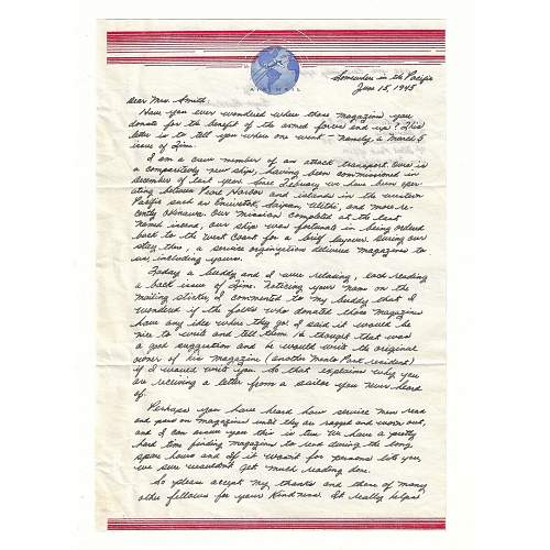 WW2 Era Letter Written by Navy Sailor to an Unknown Lady Thanking Her For Donating Magazines For The Servicemen.