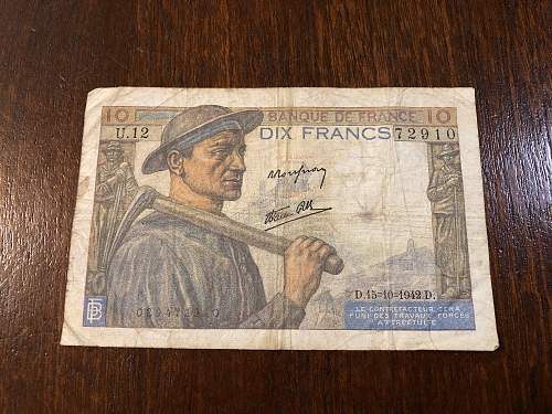 1942 Occupied Vichy France Banque De France Dix Francs Banknote VIVE LA FRANCE LIBERATION CROSS