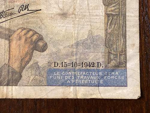 1942 Occupied Vichy France Banque De France Dix Francs Banknote VIVE LA FRANCE LIBERATION CROSS
