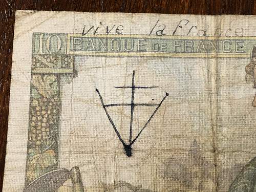 1942 Occupied Vichy France Banque De France Dix Francs Banknote VIVE LA FRANCE LIBERATION CROSS