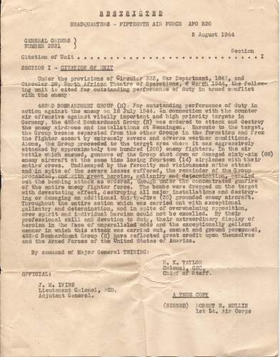 15th AAf 483rd heavy bombardment group presidential citation document