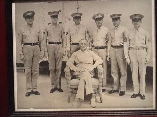 FDR Signed Neptune Ceremony, accompanying FDR photo with NC recipient and Rocky Keller signed IWO Jima AP photo