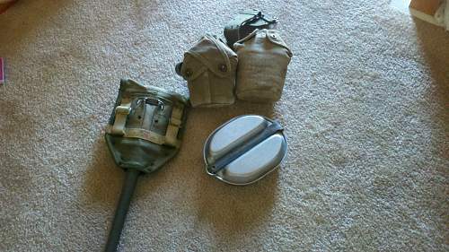 WW2 shovel, mess kit, and canttens.