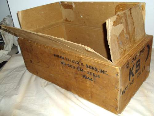 WWII K Ration Crate and Carton buy from SOS, Hiram Walker &amp; Sons, INC. made and 10 - 44 dated