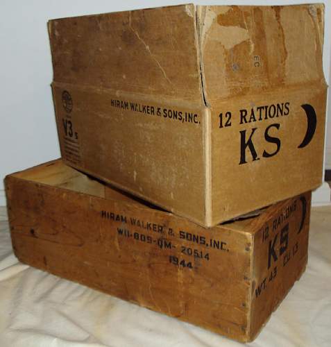 WWII K Ration Crate and Carton buy from SOS, Hiram Walker &amp; Sons, INC. made and 10 - 44 dated