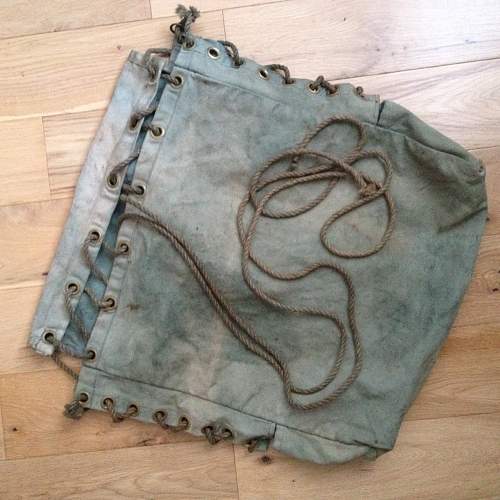 Unusual British ? canvas rucksack / sac with rope &amp; webbing. Inc stamp code. WW2?