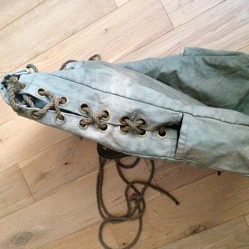Unusual British ? canvas rucksack / sac with rope &amp; webbing. Inc stamp code. WW2?