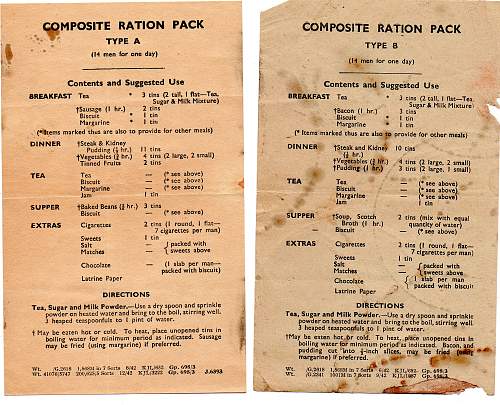 British Compo Menu Sheets Original from 1942 and 1943