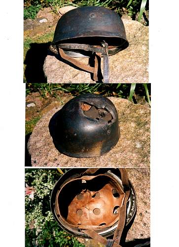 Battle damaged Normandie Fallschirmjager helmet.
