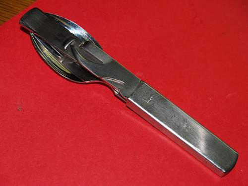 Knife, fork, spoon set in can opener type holder