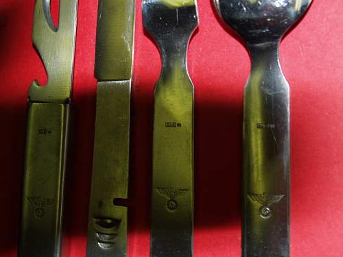 Knife, fork, spoon set in can opener type holder