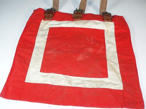 Unknown red &amp; white canvas  bag with 3 leather straps vet bring back