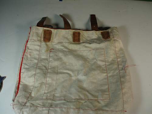 Unknown red &amp; white canvas  bag with 3 leather straps vet bring back