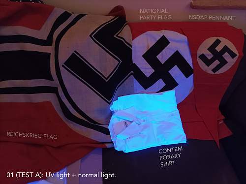 UV testing a national party flag, an nsdap pennant, a Reichskriegs flag. Originals or repros?