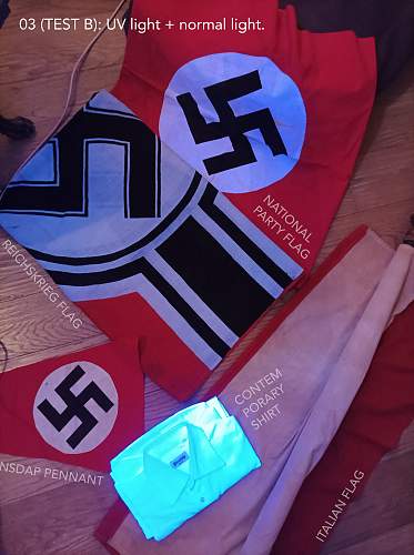 UV testing a national party flag, an nsdap pennant, a Reichskriegs flag. Originals or repros?