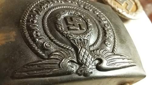 Need opinions on authenticity of buckles,  helmet badge. + an O-SCALE Nazi building