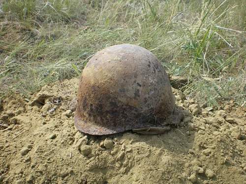 Ground dug Soviet helmets from Stalingrad area