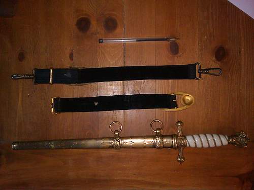 Lots of insignia, a Kriegsmarine dagger? and various unknown items.