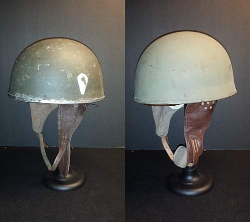 Ques Collection -- 1942 (Rt) and 1944 (Lft with Teardrop shape) British Motorcycle Dispatch Helmets