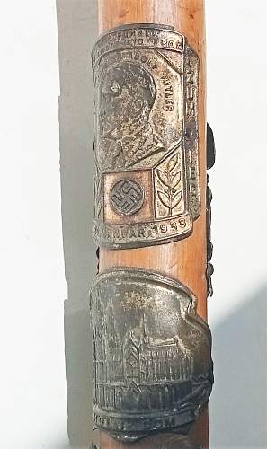 1933 Alps walking stick with hitler youth rally badges and rare nazi party issue on top
