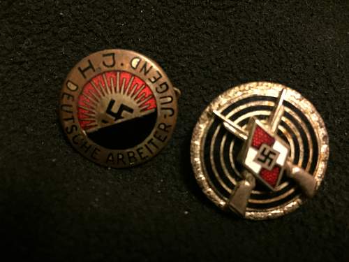 Early HJ member badge and HJ expert shooting badge