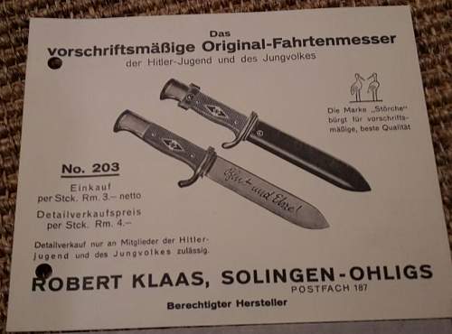 Klaas catalogue sheet of the HJ and Jungvolk Fahrtenmesser
